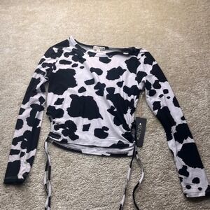 Love Dazed Women Cow Print Ruched Side Tie Long Sleeve Crop Top M NWT